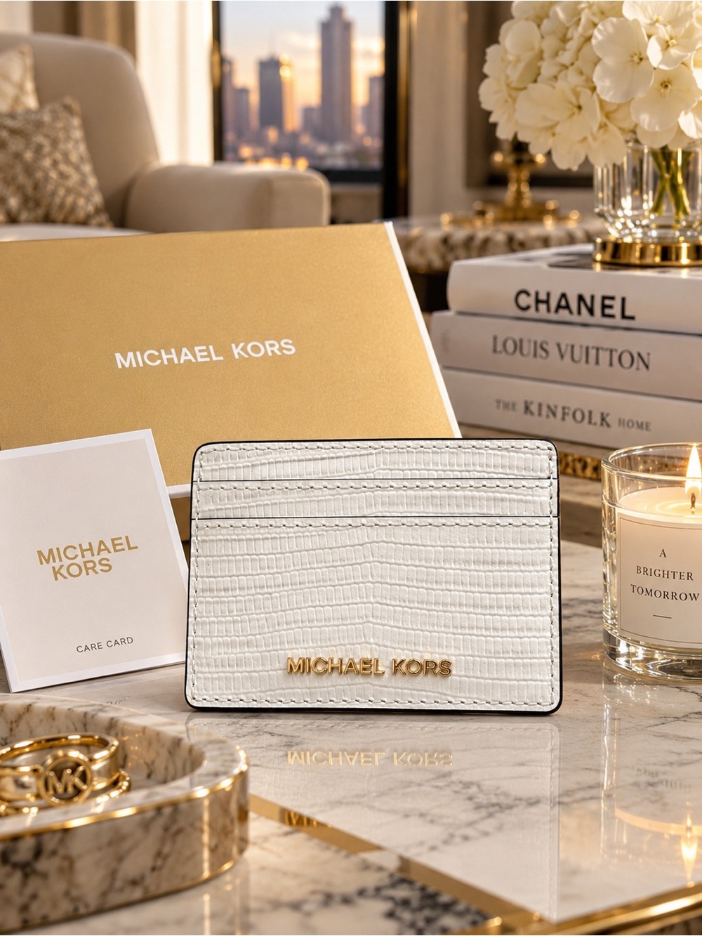 Michael Kors Jet Set Embossed Leather Card Holder Optic White NWT